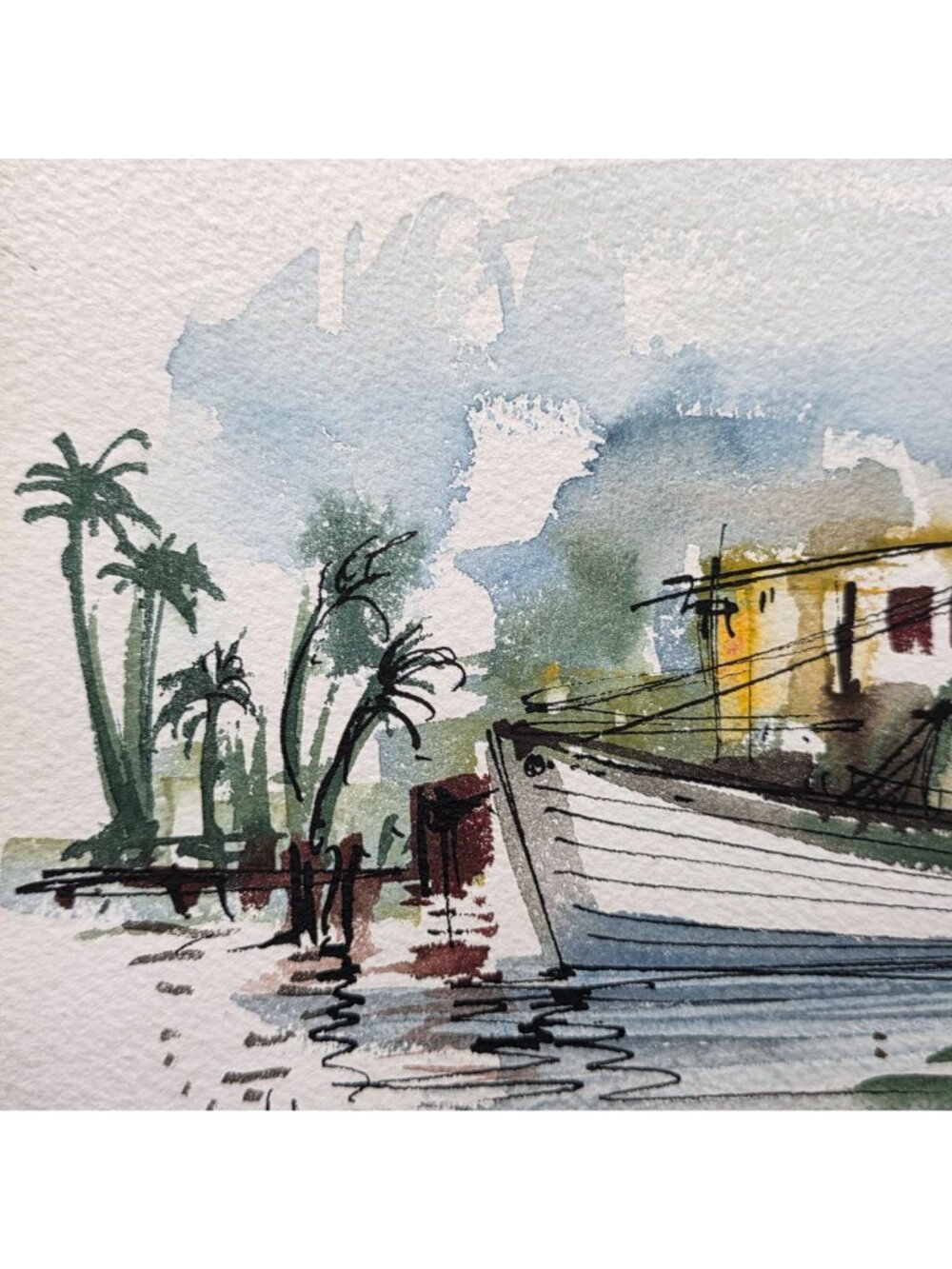Original Watercolor Coastal Landscape Signed By Artist With Boat & Buildings - Picture 4 of 9